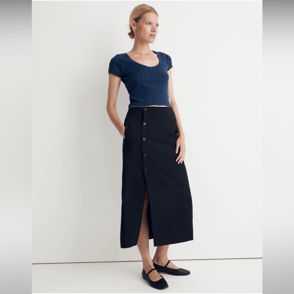 NWOT Madewell Linen-Cotton Blend Wrap Midi Skirt - Size 0 - Black - Picture 1 of 8